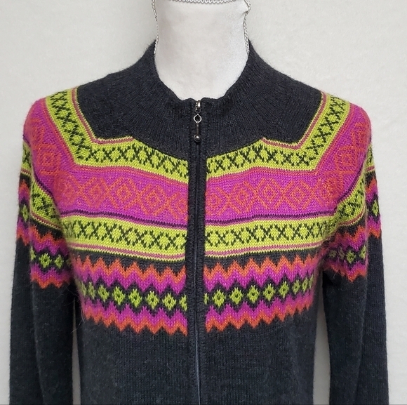 VINTAGE Alpaca Imports Pink Fair Isle Grey Wool Alpaca Full-zip Cardigan Sweater - Picture 3 of 12